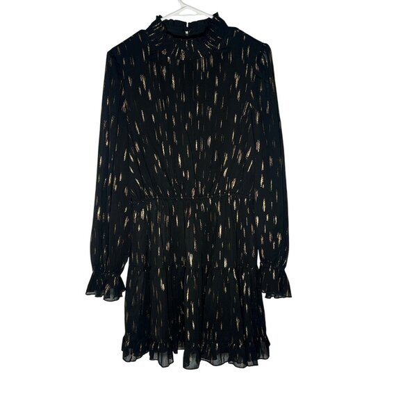 Aqua Black & Gold Metallic Mock Neck Ruffled Long Sleeve Dress Size L - Picture 1 of 4